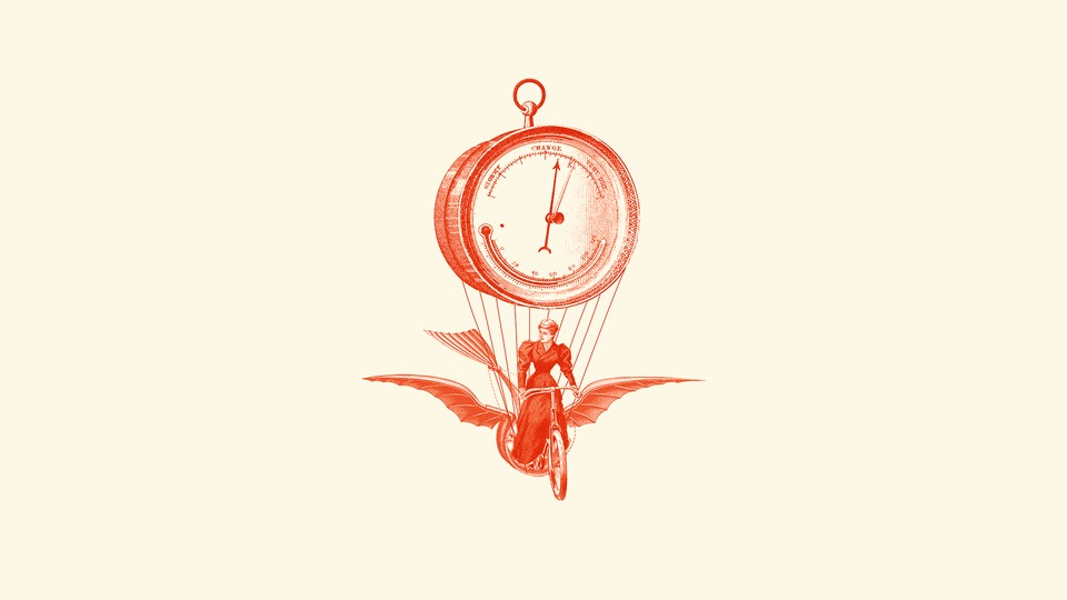 Illustration of a woman riding a dragon-bike with a clock