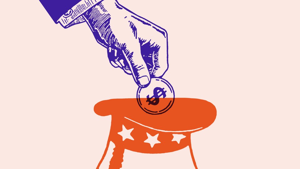 A hand placing a blue coin with a dollar sign on it into a top hat with the American flag’s stars