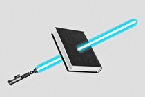 illustration of a lightsaber piercing a book