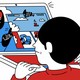 An illustration of a boy looking at a laptop, with an older woman on the screen holding up a worksheet