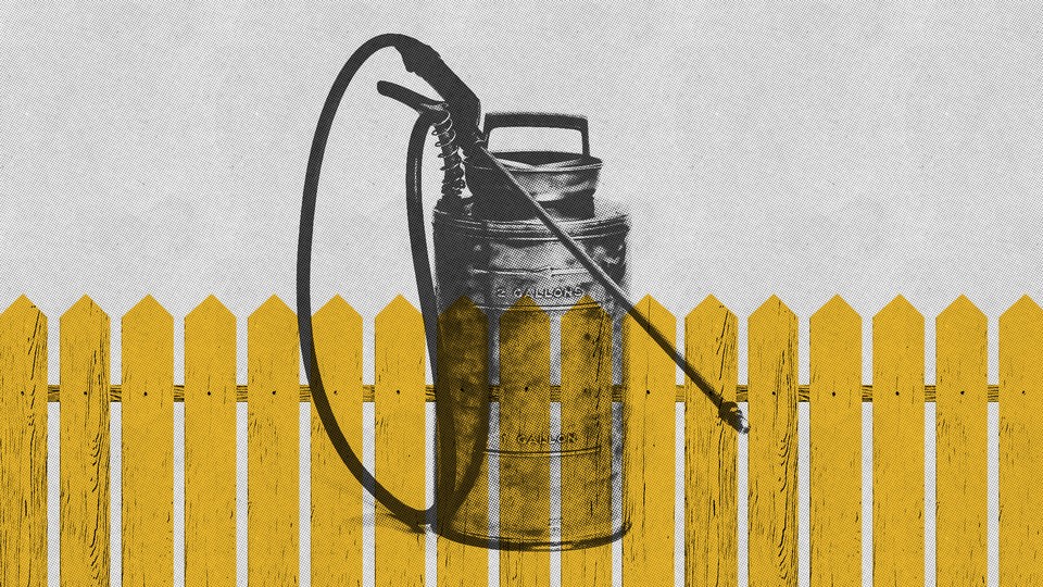A graphic illustration of a pesticide container behind a picket fence.