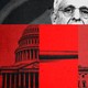 A red-and-black mismatched collage of images of a gavel, the Capitol building, and Merrick Garland