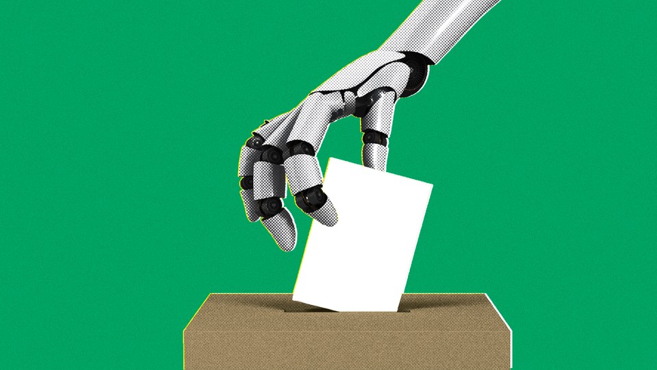 Illustration of a robot hand casting a ballot