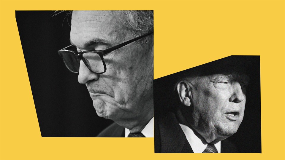 Collage of two black and white photos, one of Jay Powell frowning, one of Trump speaking, set against a yellow background