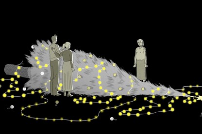 A fallen Christmas tree separates family members.