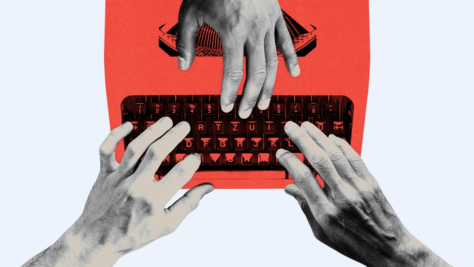Illustration of three hands on a typewriter