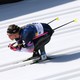 A seated skier tucks low, speeding down a track, their motion partly blurred.