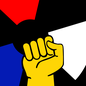 Illustration showing fist up in front of circular shape with colors of Russian flag.