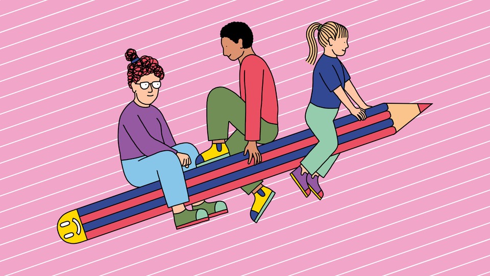 Illustration of three people riding a blue-and-red striped pencil like it's a rocket ship. The eraser is a smiley face.