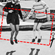 A dotted-line rectangle representing a label, with an image of scissors snipping it, overlays a black and white image of two young girls holding hands and jumping in the air
