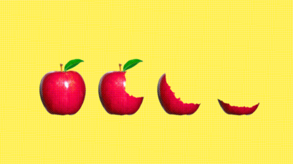 An image of apples, with progressively more bites taken out of them, against a yellow background