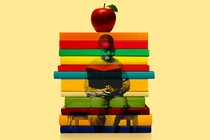 A photo of a young black student, reading a book, is overlaid on an image of a stack of books with an apple on top