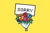 A digital representation of a bouquet of flowers with a card that says "sorry," on a yellow background