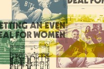collage including an architectural blueprint, photos of a group of architects, and text reading "getting an even deal for women"