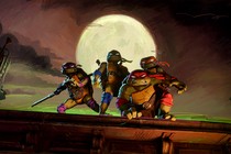 An animated rendition of the Teenage Mutant Ninja Turtles backlit by the moon