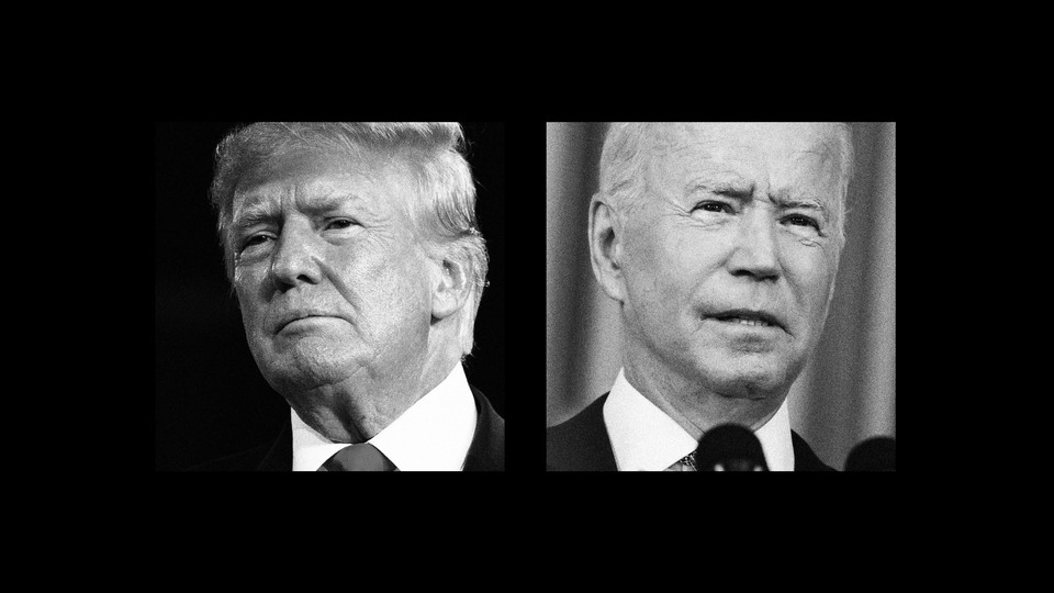 Black-and-white headshot photos of Donald Trump and Joe Biden