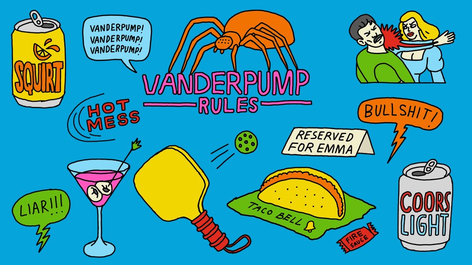 A Vanderpump-Rules themed collage, featuring Taco Bell, Coors Light, a Pumptini, and a pickleball paddle.
