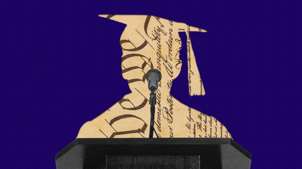 A silhouette of a graduation speaker on a field of blue, with old script from the U.S. Constitution inside.