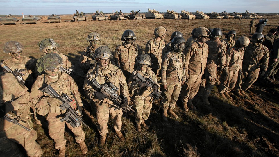 U.S. soldiers take part in a military defense exercise in 2018