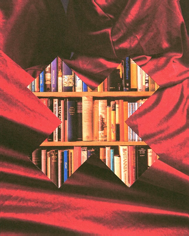 An illustration featuring library bookshelves seen through an x-mark against a red-cape background.