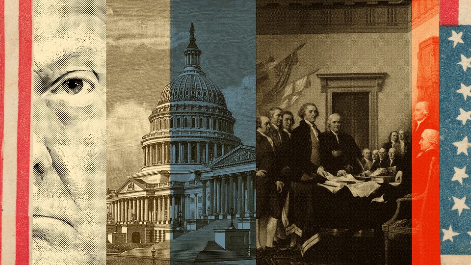 A collage of red, gray, and blue images of Donald Trump's face, the U.S. Capitol building, and the Founding Fathers