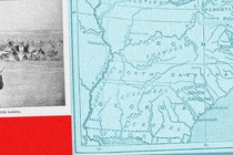 A photo collage of a map of the Mid-Atlantic and a photo of a native village in South Dakota.