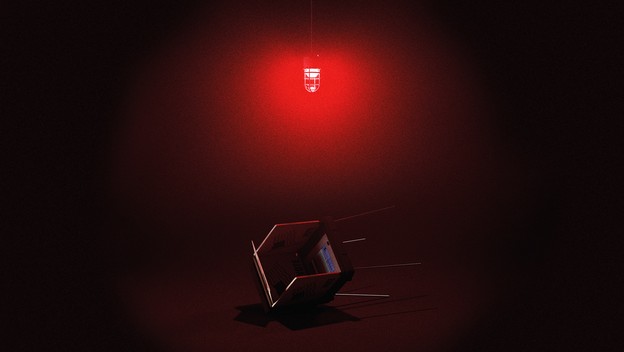 Fallen voting booth with red emergency light