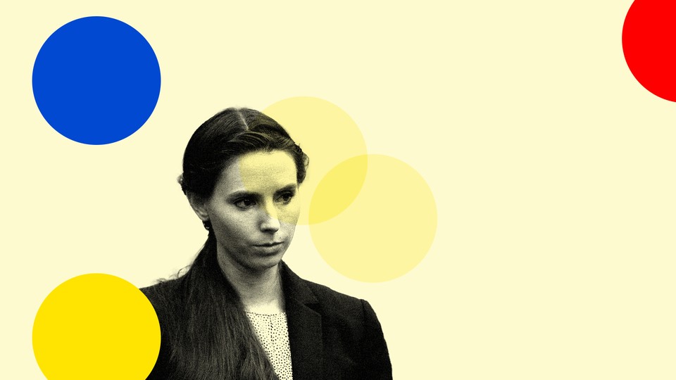 Rachael Denhollander is featured on a yellow background with five red, blue, and yellow circles spaced randomly around her