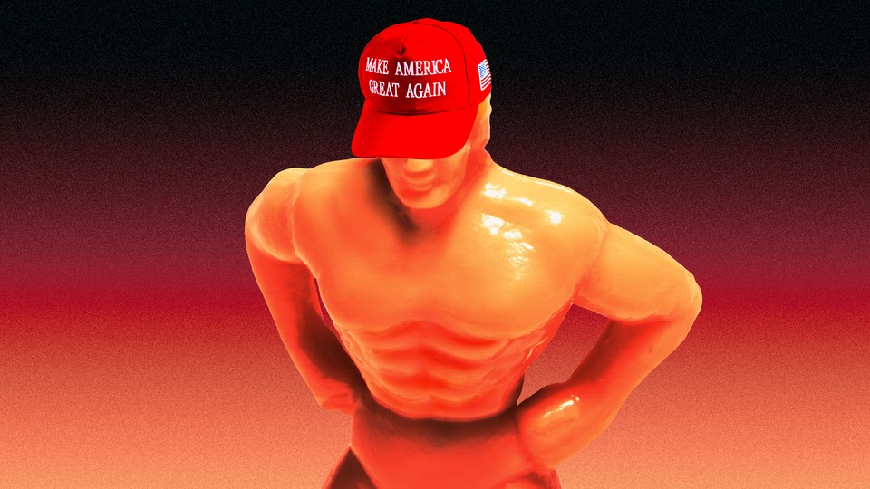 A muscular toy wearing a Make America Great Again hat