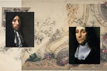 Image of two Renaissance men, on separate sides of the picture, against an ornate background.