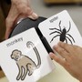 A child's hand hovers over a cartoon of a spider and a monkey.