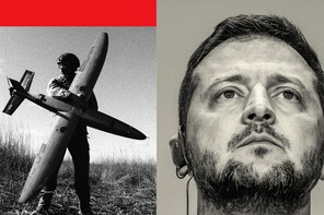 A collage of Zelensky and a Ukranian military soldier holding a Ukranian made drone
