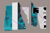 A collage of partial images of influencers connected with lines to fragments of text