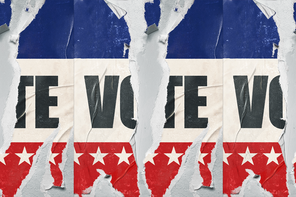 An illustration of a red, white, and blue "VOTE" poster with a tear down its center.