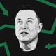 A black-and-white cut-out photograph of Musk's face against a background of green arrows chaotically pointing in every direction.