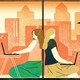 Illustration of two women using laptops sitting back to back in front of a window with a city outside and two birds swooping by the window