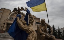 Ukrainian flag waving in the liberated town of Balakliya