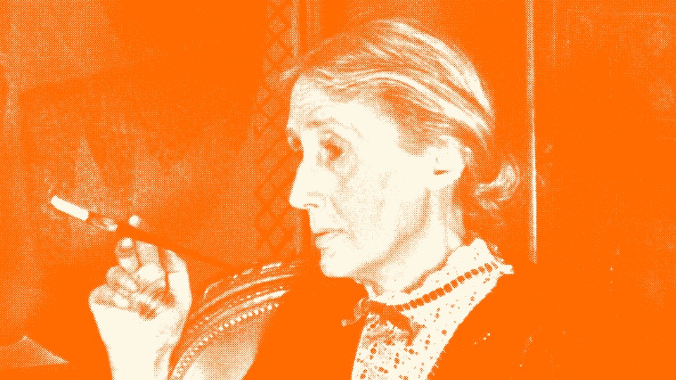 An orange-tinted portrait of Virginia Woolf in side profile, holding a cigarette