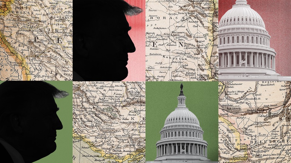 Images of Donald Trump's silhouette and the U.S. Capitol overlayed on a world map