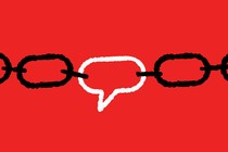 A speech bubble as part of a link chain, set against a red background