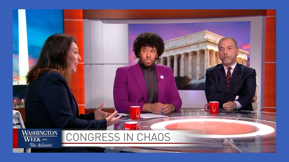 Guests talk around a table on the latest episode of "Washington Week With the Atlantic"