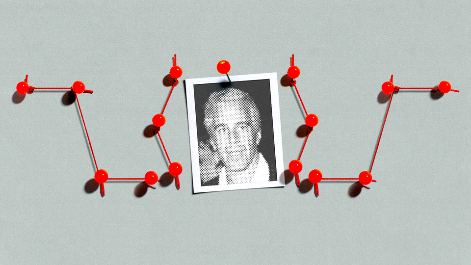 Illustration of a Jeffrey Epstein photo on a bulletin board