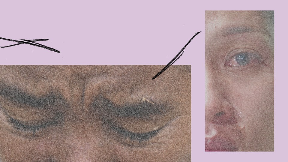 Two close-ups of crying eyes, superimposed on a purple background