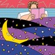Illustration of a man sitting up in bed, reading a book, with multi-colored stars and a crescent moon resting atop his purple, black, and blue blanket