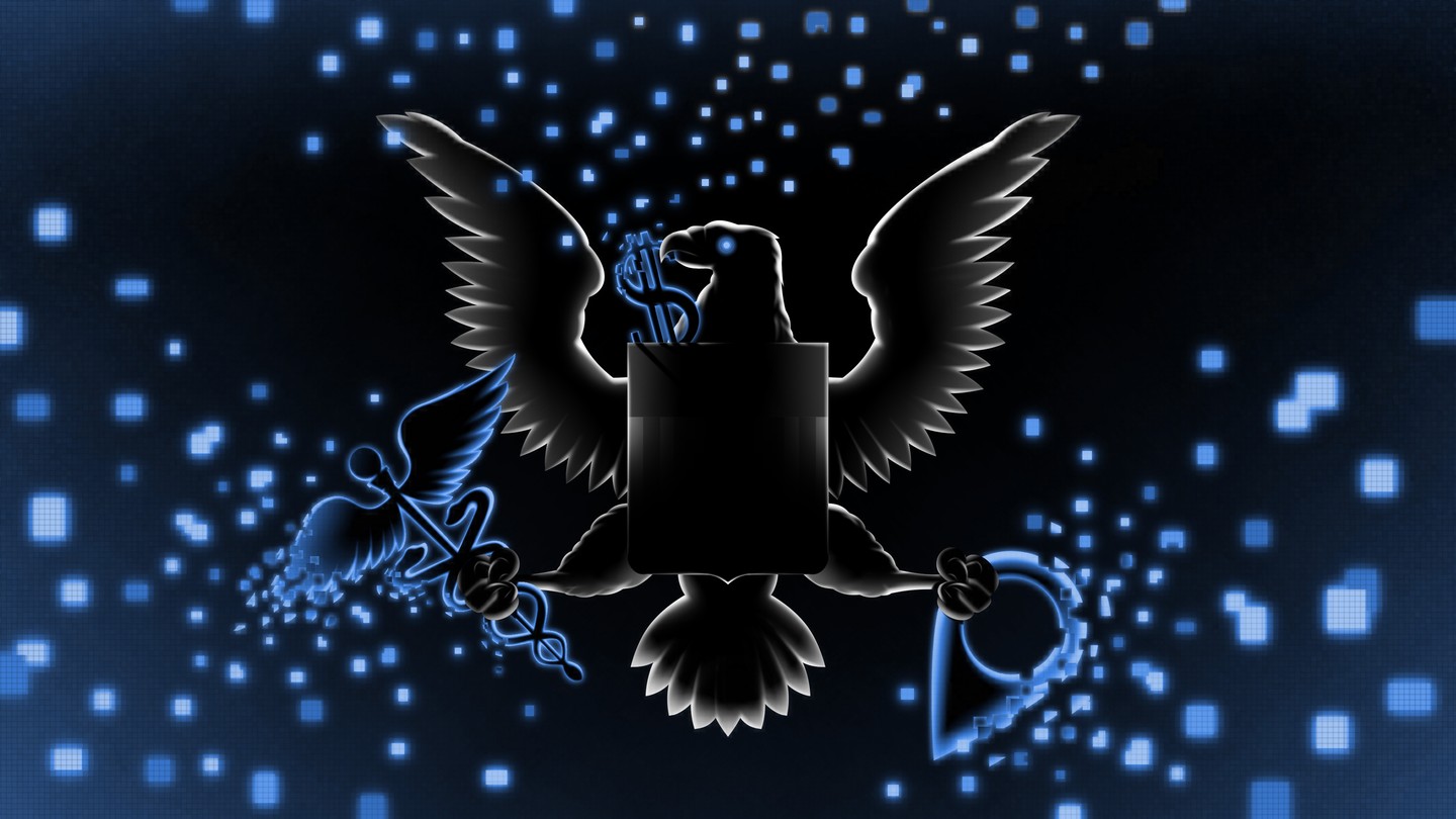 Illustration of an eagle grasping a dollar sign, medical sign, and geolocation sign
