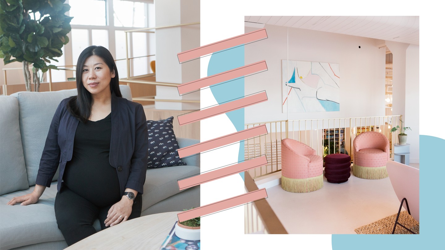 Alda Ly seated on a blue couch and a photo of a room with two pink couches in The Wing