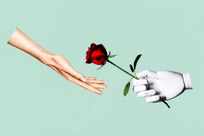 An illustration of a hand reaching out to a robot carrying a rose