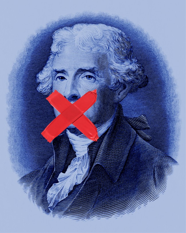 A blue illustraion of Thomas Jefferson with red tape over his mouth