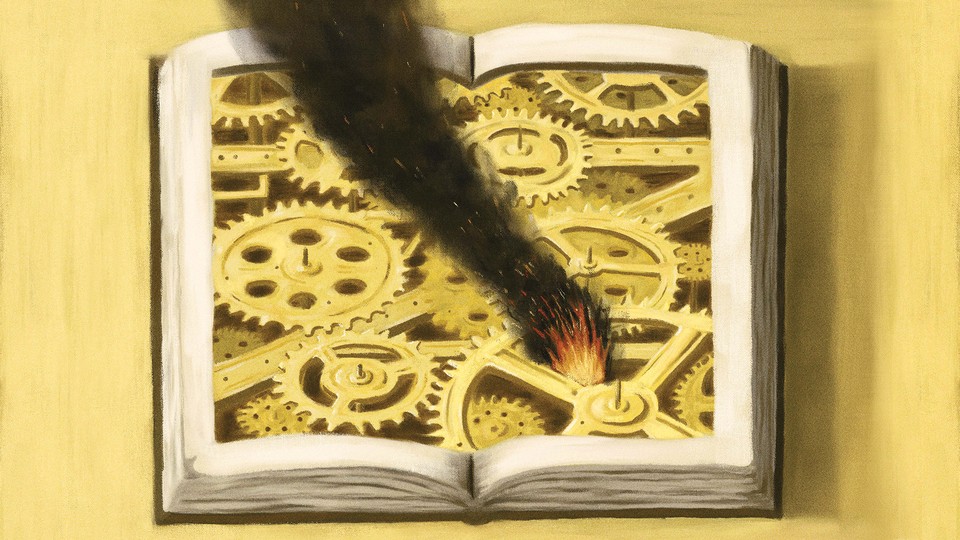 illustration of a book lying open, full of gears and cogs, with a fire starting and smoke