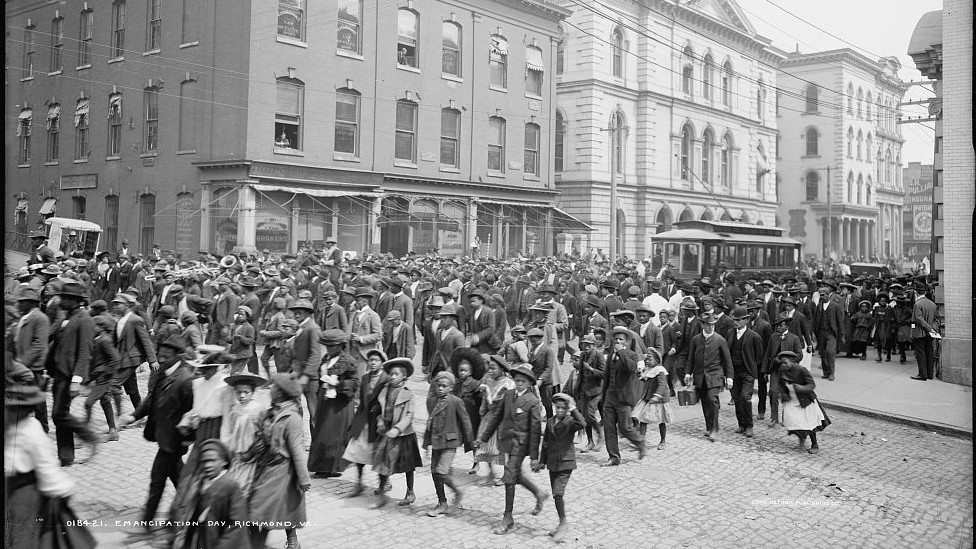 Parade of people celebrating Juneteenth in Richmond, Virginia